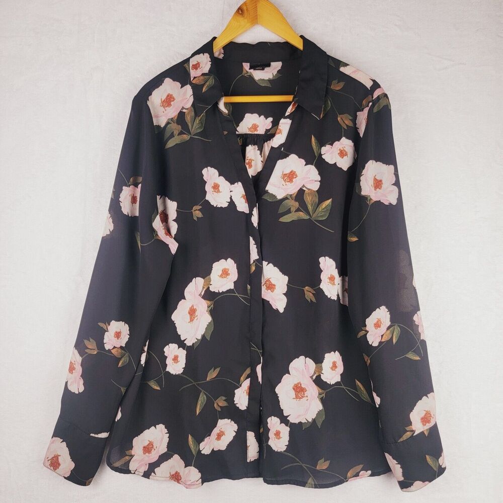 Worthington Blouse Womens XL Button Up Long Sleeves Black Floral Multicolor Top